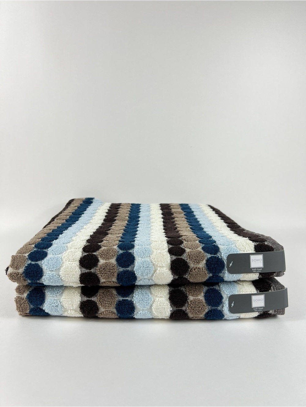 Soho Living Bath Towel Dots and Stripes Brown Blue White Soft Cotton 2 Pc NEW